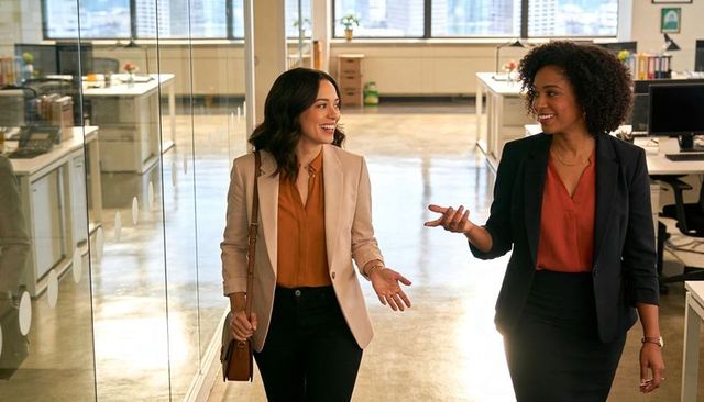 Two professional women walking and collaborating in modern open-plan office corridor