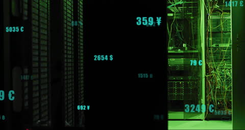 Digital Data Processing in Server Room with Currency Symbols