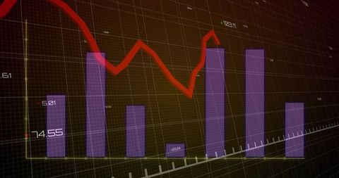 3D Financial Analytics Dashboard Displaying Translucent Purple Bars and Jagged Red Trend Line