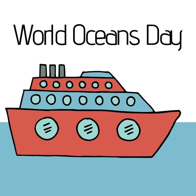 Illustration of a colorful cruise ship with World Oceans Day text promoting ocean awareness and conservation. Perfect for social media posts, blogs, educational materials, and environmental campaigns focused on marine preservation.