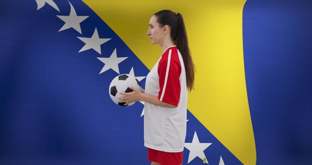 Female Soccer Player Holding Ball Against Bosnia Flag Background - Download Free Stock Images Pikwizard.com