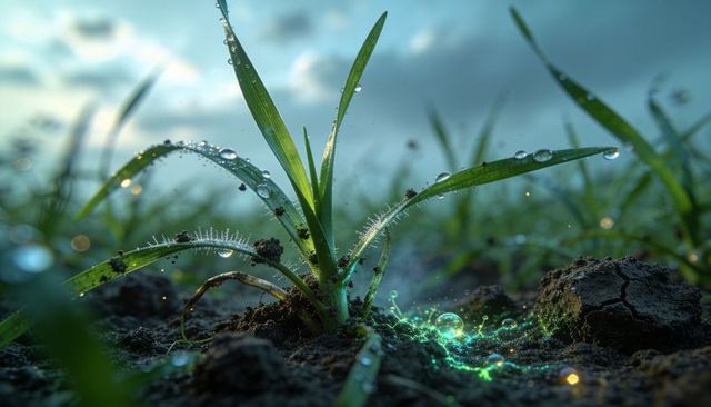 Bioluminescent seedling sprouting from wet soil with dew drops and glowing filaments
