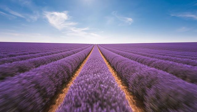 Endless Lavender Rows Stretching to Horizon with Symmetrical Perspective and Vivid Blue Sky