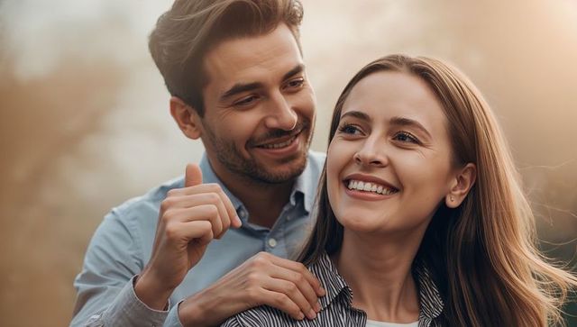 Smiling couple sharing warm golden hour moment, man behind woman hands on shoulders
