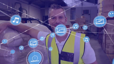 Employee in Warehouse with Digital Interface Connection