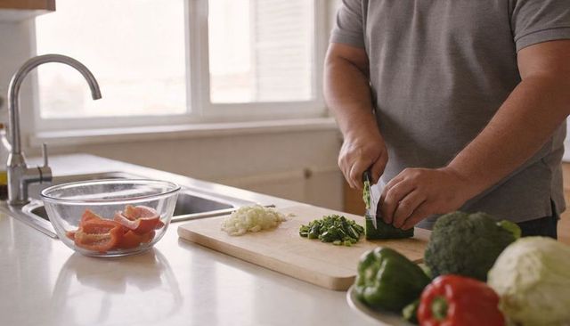 Home cooking chopping green pepper on wooden board with fresh veggies on kitchen counter