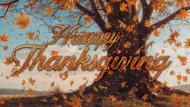 Happy thanksgiving greeting with swirling golden maple leaves and sunlit country tree