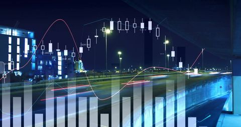 Futuristic analytics overlay on night cityscape
