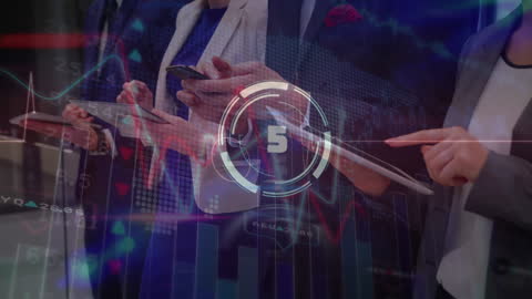 Business Professionals Using Technology with Financial Data Overlay