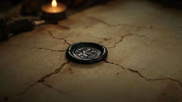 Antique black wax seal on aged parchment in candlelit study