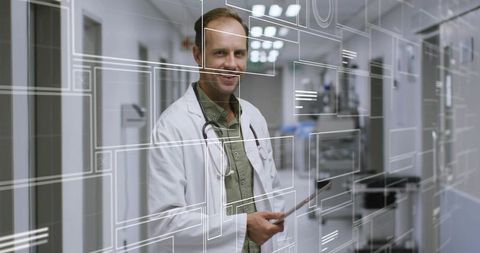 Doctor Using Tablet Projecting Holographic Interface in Hospital Corridor