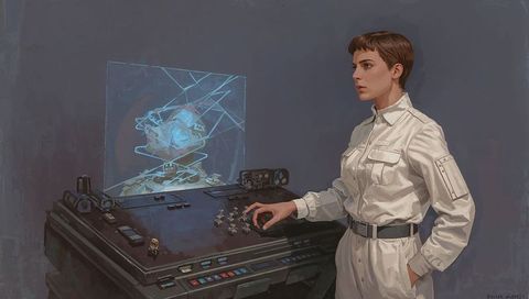 Female technician operating holographic console while studying blue projection in futuristic lab