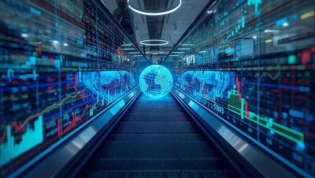 Futuristic digital corridor with holographic globe and moving walkway