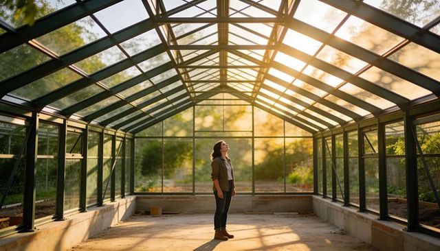 Woman standing in sunlit glass greenhouse looking up serene conservatory garden scene