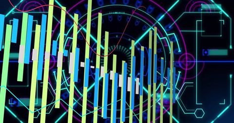 Neon data visualization dashboard with pulsing vertical bars and futuristic hud rings