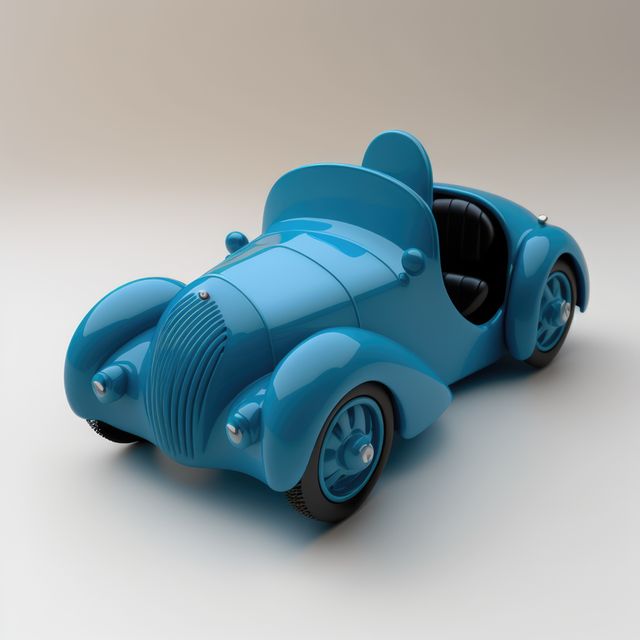 Close up of retro blue car toy on grey background, created using generative ai technology. Car, toy and colour concept digitally generated image.
