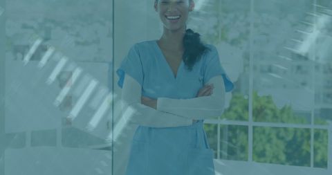 Confident Female Doctor in Hospital with Financial Data Overlay