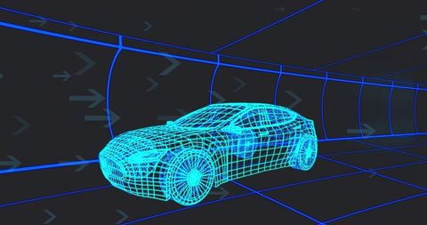 Futuristic wireframe car model in neon virtual tunnel