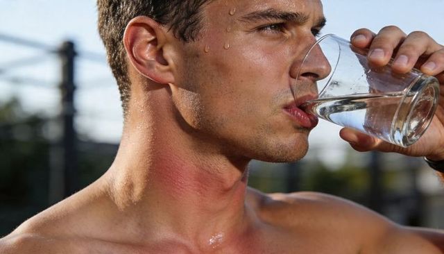 Shirtless man drinking water after outdoor workout showing sunburned neck and sweat