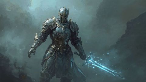Fantasy medieval knight with energy sword in misty battlefield