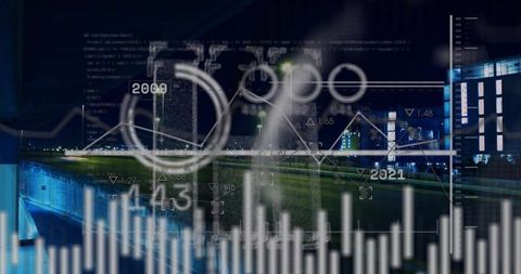 Displaying night urban data visualization on city bridge with neon dashboard and charts