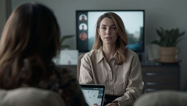 Female executive listening during private office meeting with laptop and virtual conference