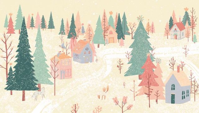 Pastel winter village with snowy winding path and evergreen trees, cozy cottage scene