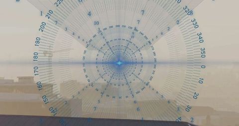 Futuristic digital interface over urban rooftop skyline