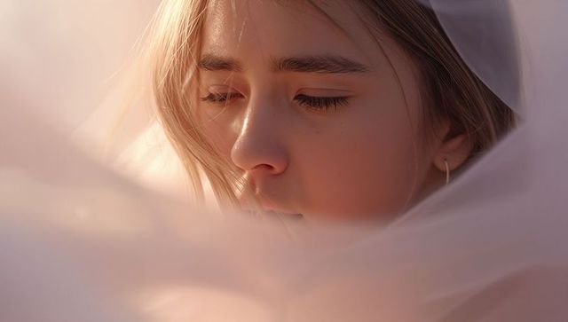Pensive woman gazing through sheer pink veil closeup with hoop earring