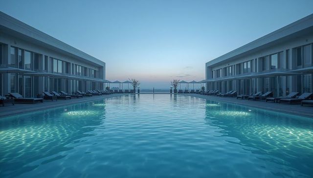 Twilight coastal infinity pool glowing with underwater lights, glass wings and loungers