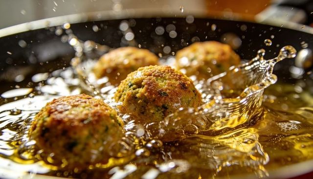 Frying golden herb fritters in sizzling oil with dramatic splash, macro crisp texture
