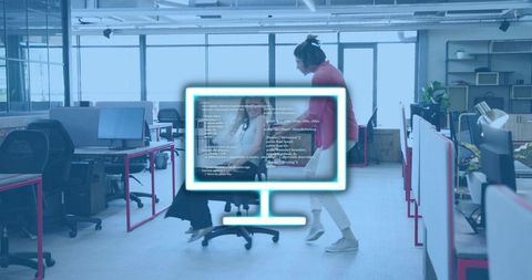 Open-plan coworkers collaborating with neon monitor overlay and on-screen code for teamwork