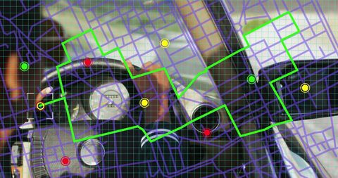 Hands steering high-tech car with gps overlay