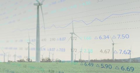Wind Turbines with Data Overlay Highlighting Renewable Energy Trends