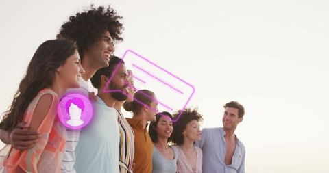 Diverse Friends Beach Gathering with Social Media Overlay