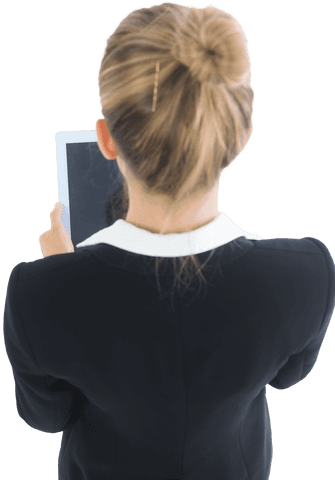Transparent Businesswoman Holding Tablet From Behind