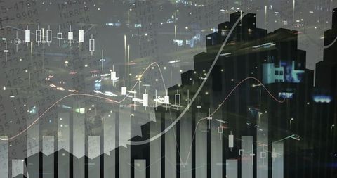 Night city skyline with translucent financial charts, candlesticks and rising trend lines