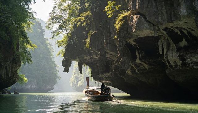 Navigating long-tail boat through sunlit karst gorge with limestone overhang and mist