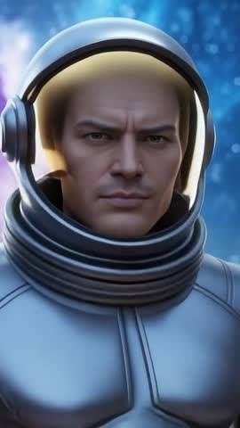 Vertical Zoom Revealing Determined Astronaut Floating in Deep Space with Futuristic Spacesuit