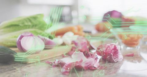 Sitting Halved Red Onion with Papery Skins on Countertop Showing AR Overlay