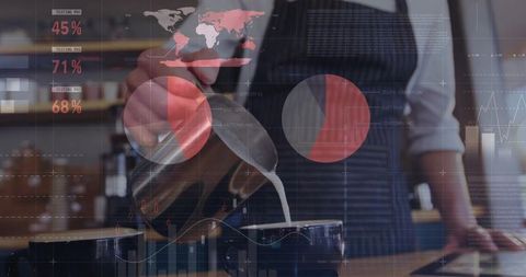 Barista crafting latte art with data driven insights background