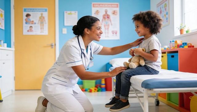 Nurse examining child on exam table while comforting with teddy bear in pediatric clinic
