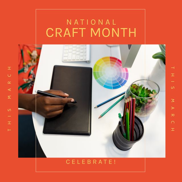 National Craft Month Celebration with Graphic Tablet and Creative Tools - Download Free Stock Templates Pikwizard.com