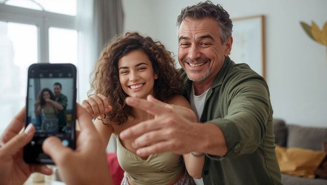 Joyful Couple Posing for Selfie in Cozy Living Room