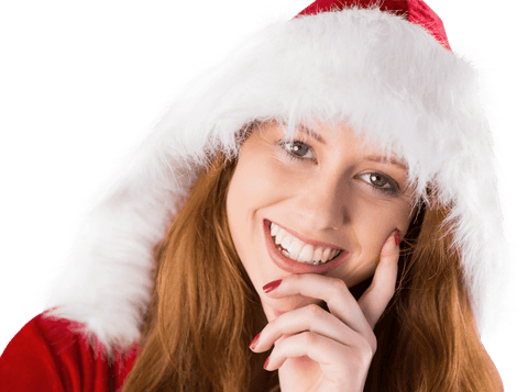 Smiling Redhead Woman in Santa Hat Transparent Background