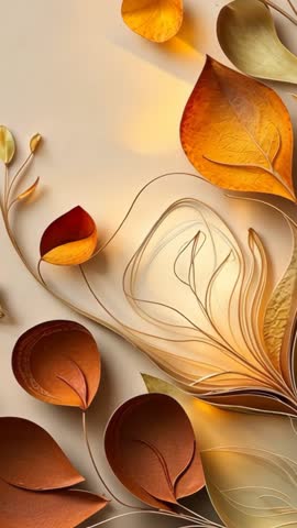 Vertical autumn leaves flowing with elegant tendrils on warm gradient panel, loopable motion