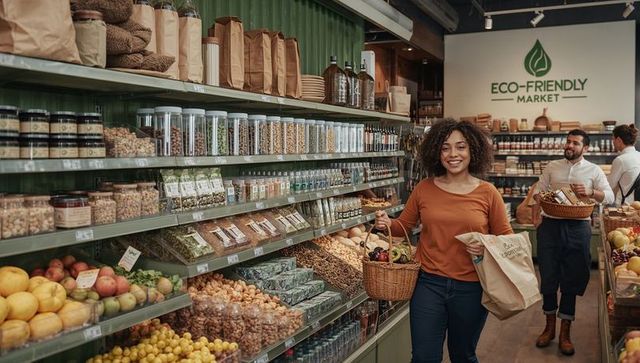 Smiling shopper carrying wicker basket in eco-friendly bulk market with produce