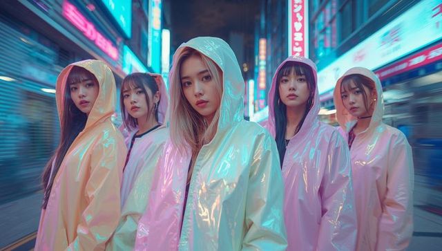 Stylish Women in Glossy Raincoats on Neon City Street at Night