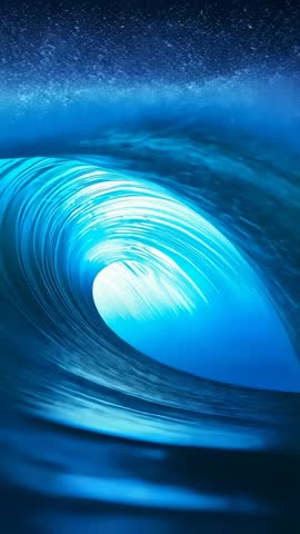 Riding inside glowing turquoise wave barrel, vertical cinematic ocean tube motion