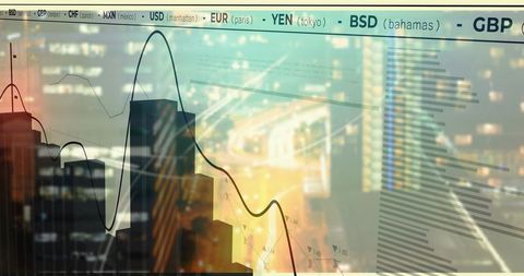 Financial Data Visualization with Urban Nightscape and Currency Charts